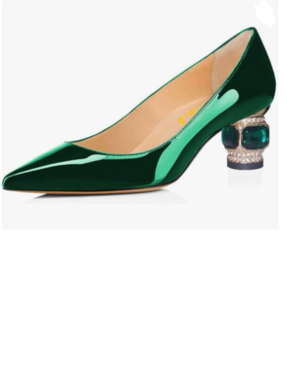 FSJ Dark Green Bridal Pointed Toe Chunky Low Heel Crystal Pumps Slip on Shoes